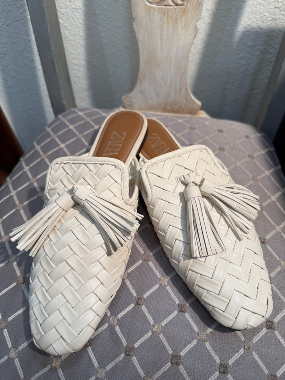 Zara Cream Woven Tassel Slip-On Mules